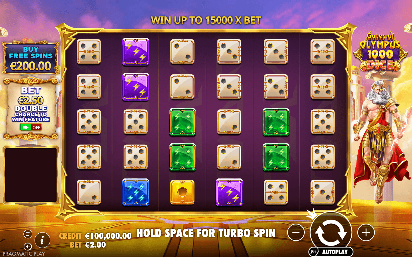 Gates of Olympus 1000 Dice game screen with Zeus, dice and lightning multipliers