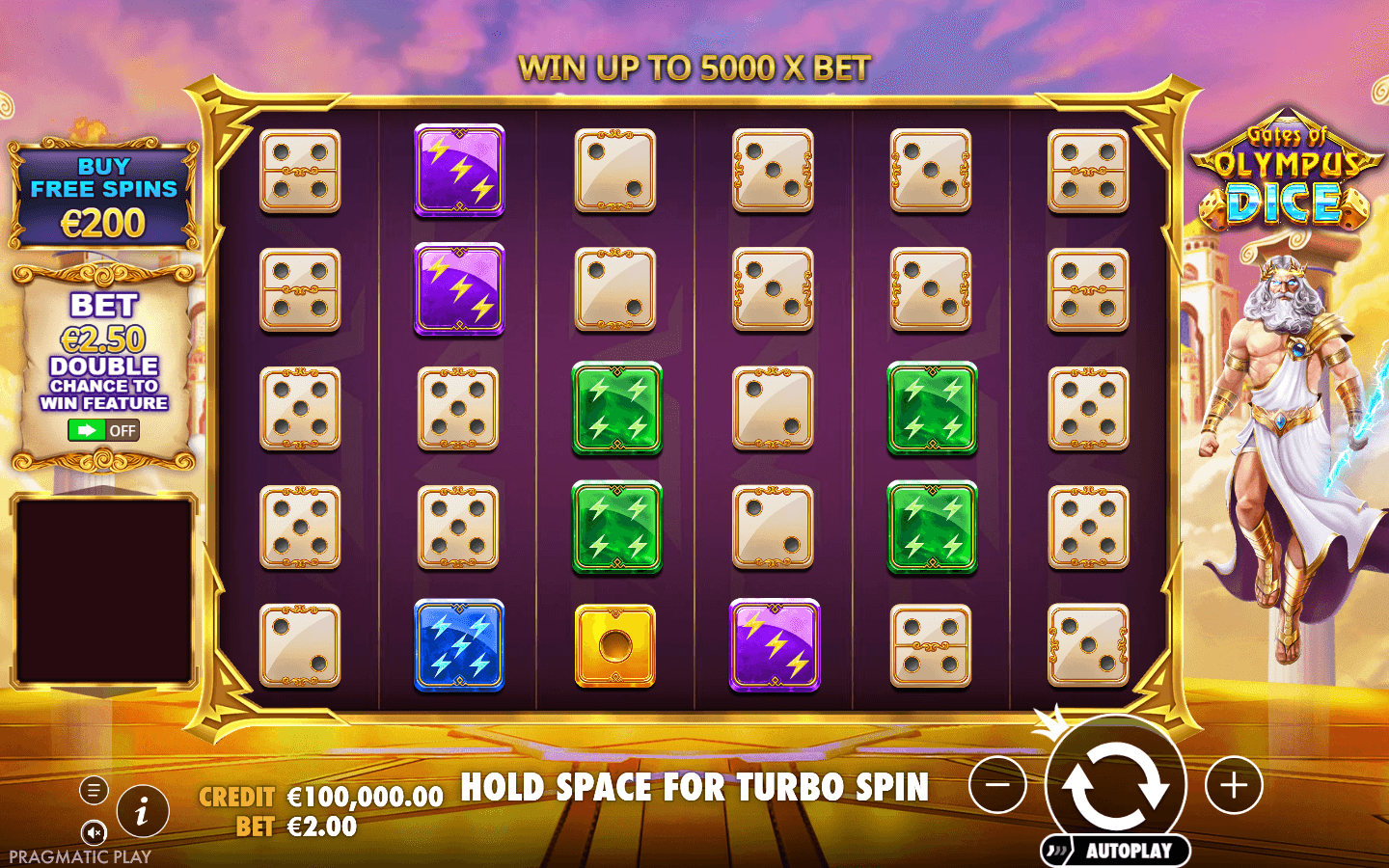 Gates of Olympus Dice game screen with dice symbols and Zeus