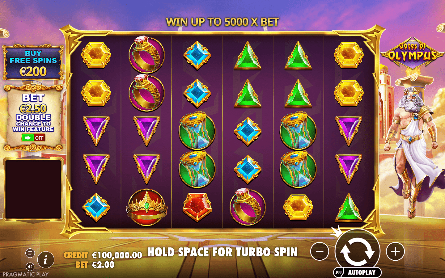 Gates of Olympus original slot artwork with Zeus and jewel symbols