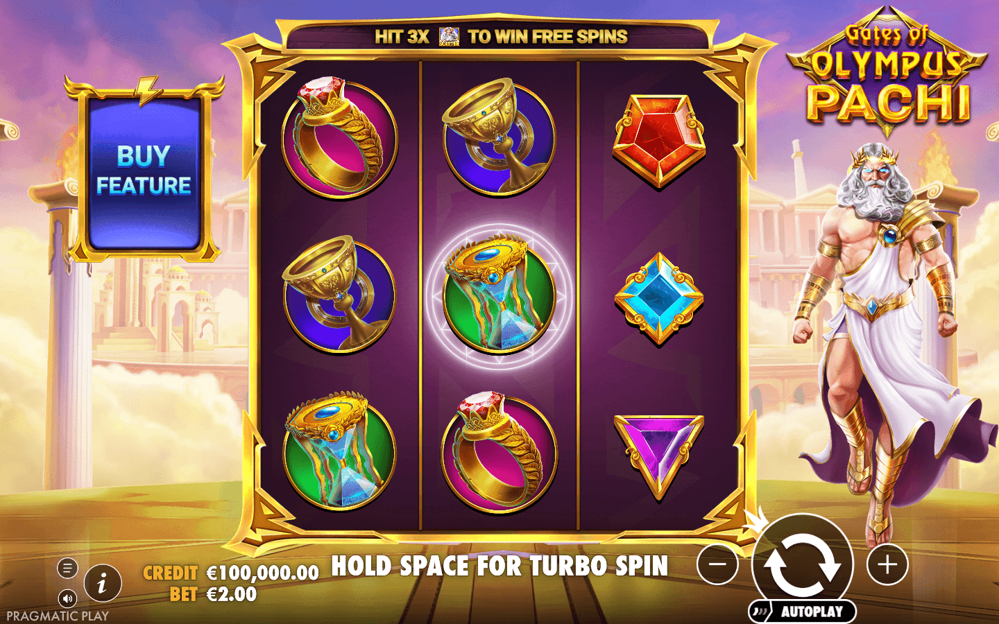 Gates of Olympus Pachi game screen with a compact purple grid and Zeus