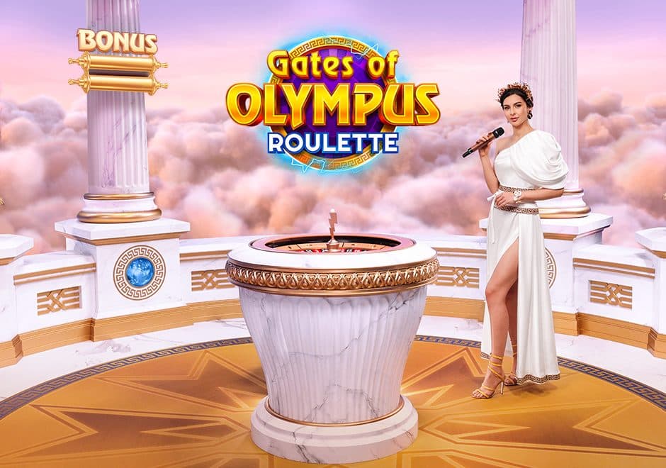 Gates of Olympus Roulette live studio with roulette wheel and Zeus set