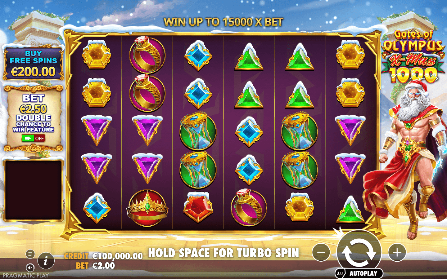 Gates of Olympus Xmas 1000 game screen with winter Zeus