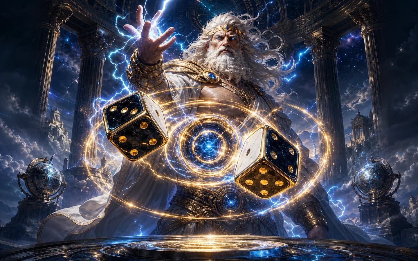 Cinematic Gates of Olympus 1000 Dice artwork with Zeus and electrified dice