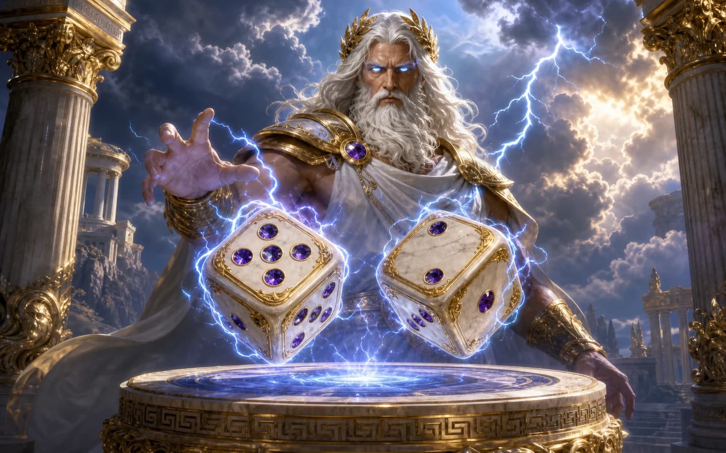 Cinematic Gates of Olympus Dice artwork with Zeus and a pair of ivory dice