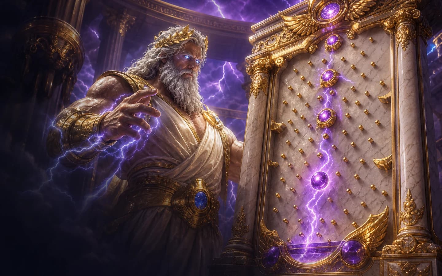 Cinematic Gates of Olympus Pachi artwork with Zeus and a vertical pachinko board