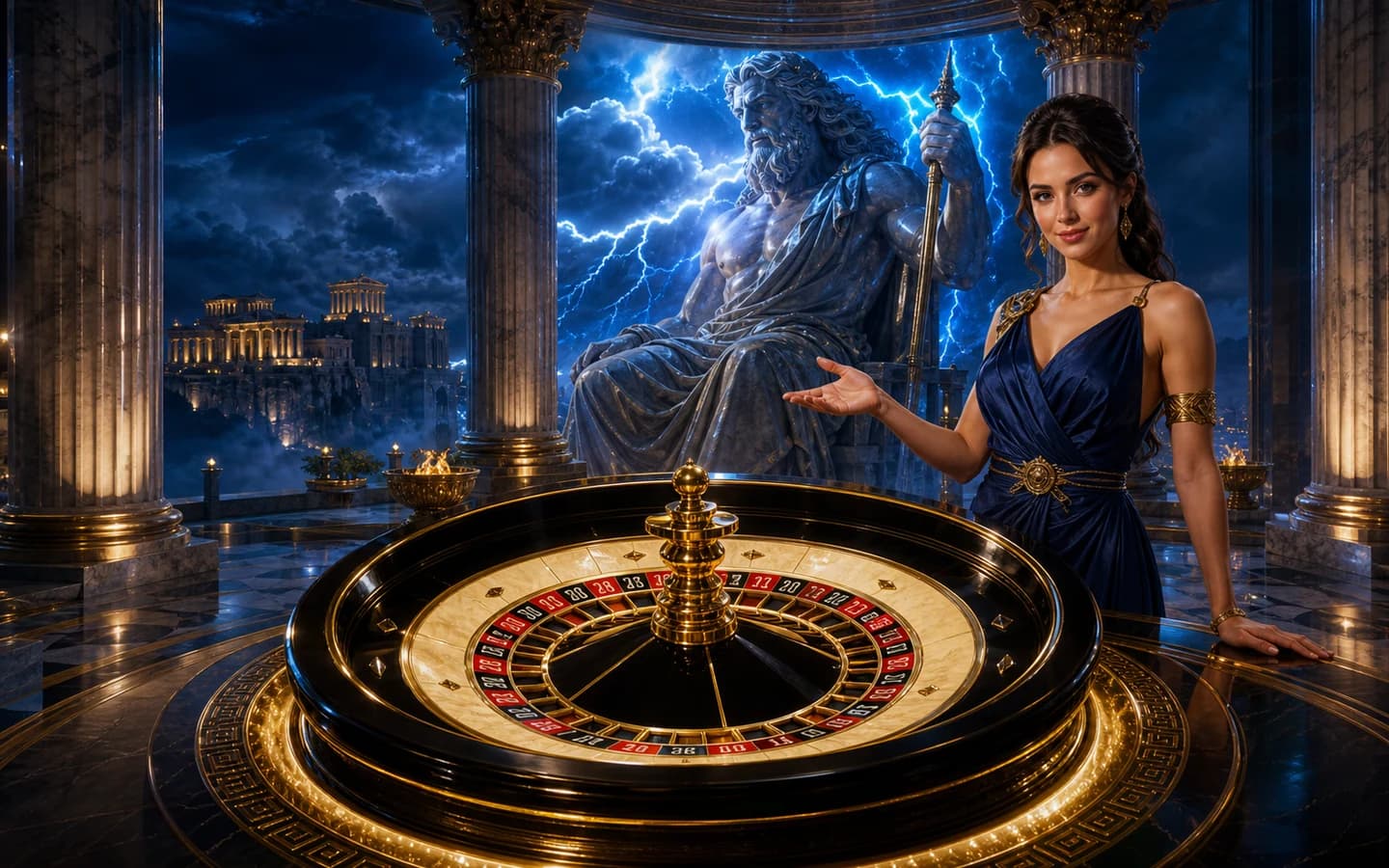 Cinematic Gates of Olympus Roulette studio artwork with a presenter and roulette wheel