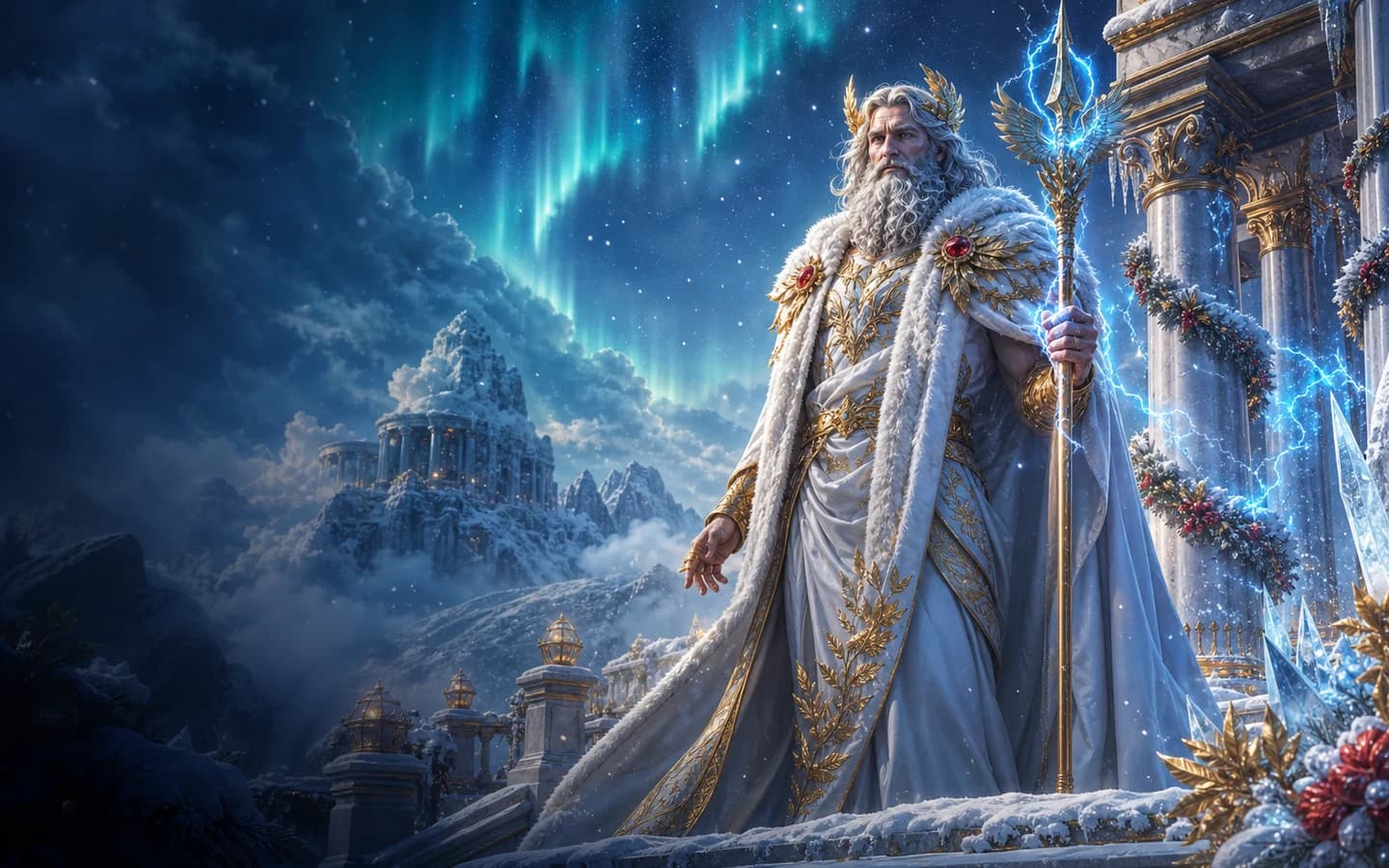 Cinematic Gates of Olympus Xmas 1000 artwork with winter Zeus beneath an aurora